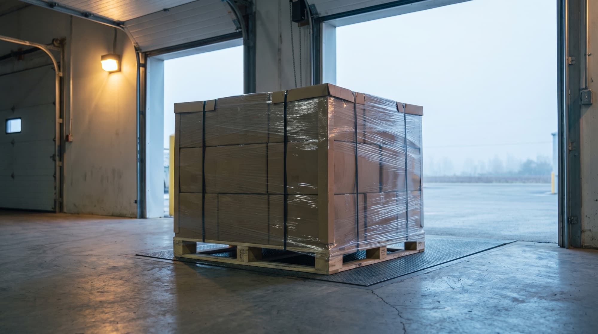 A stretch-wrapped and strapped pallet standing in an open loading-dock doorway.