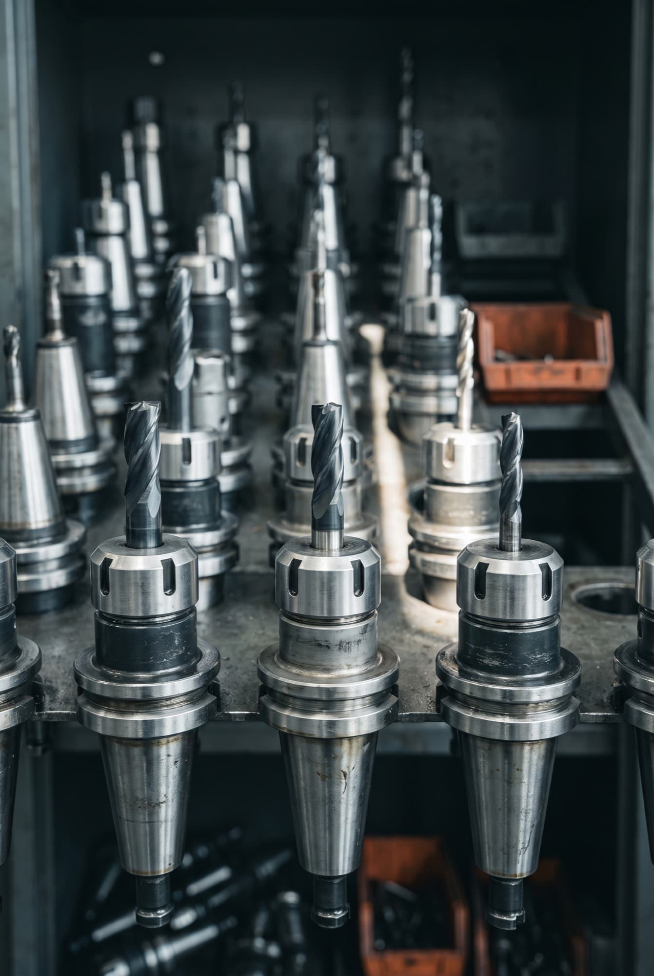 Tool holders racked in a shop crib, end mills and drills seated in their collets.