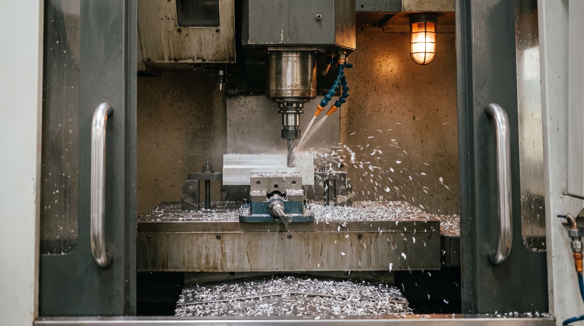 Seen through the enclosure window of a machining center: the spindle running over a rectangular block clamped in a machine vise, flood coolant on, chips arcing away.