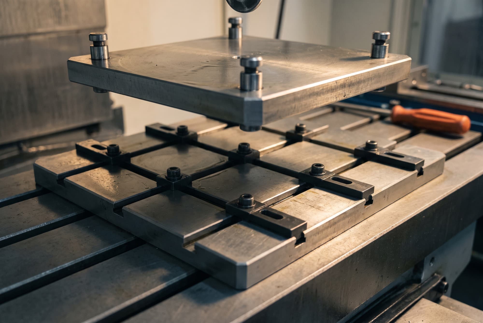 A zero-point base plate mounted on a machine table with a gridded pallet seated on it.